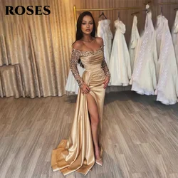 ROSES Shining Full Sleeves Party Dresses Gold Side Split Prom Dresses Off the Shoulder Women Evening Dress Stain Mermaid 프롬 드레스