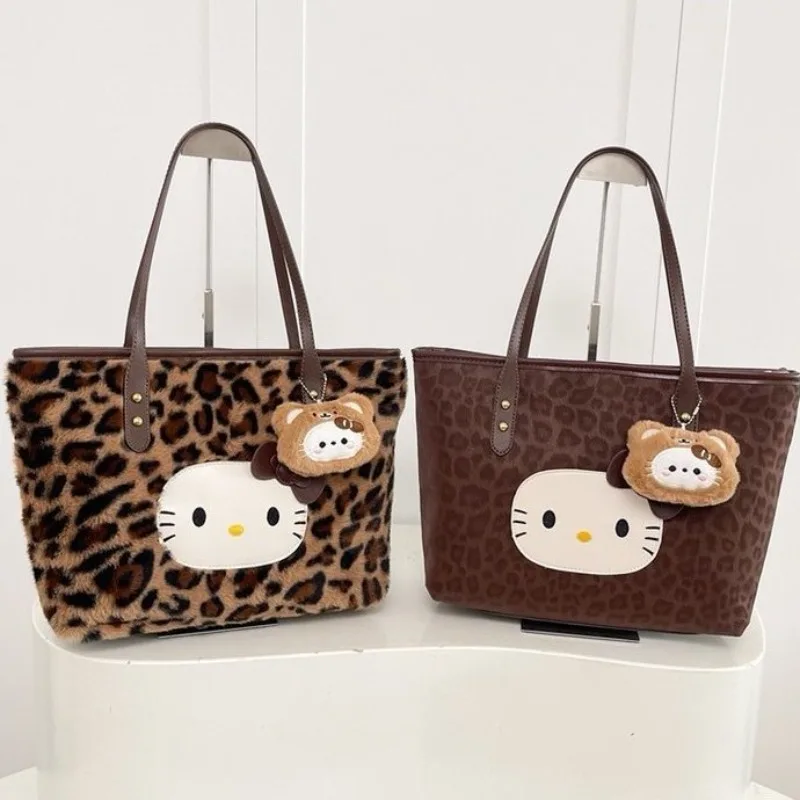 

Sanrio Hello Kitty Leopard Shoulder Bag Large Cartoon Portable Tote Leisure Backpack To Send Kitty Pendant.