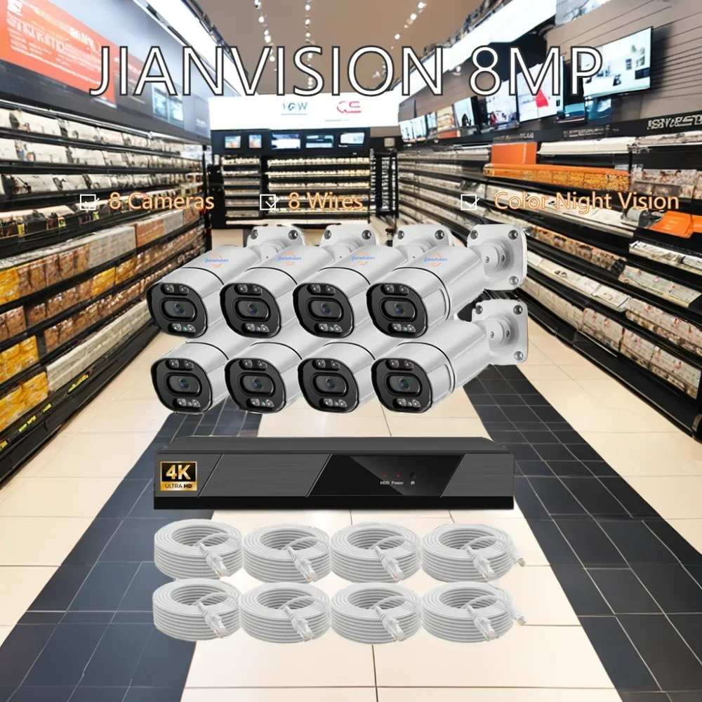Jianvision 8MP IP Bullet POE Camera System 8CH With 2TB Hard Drive Disk And 8 Cables For Surveillance