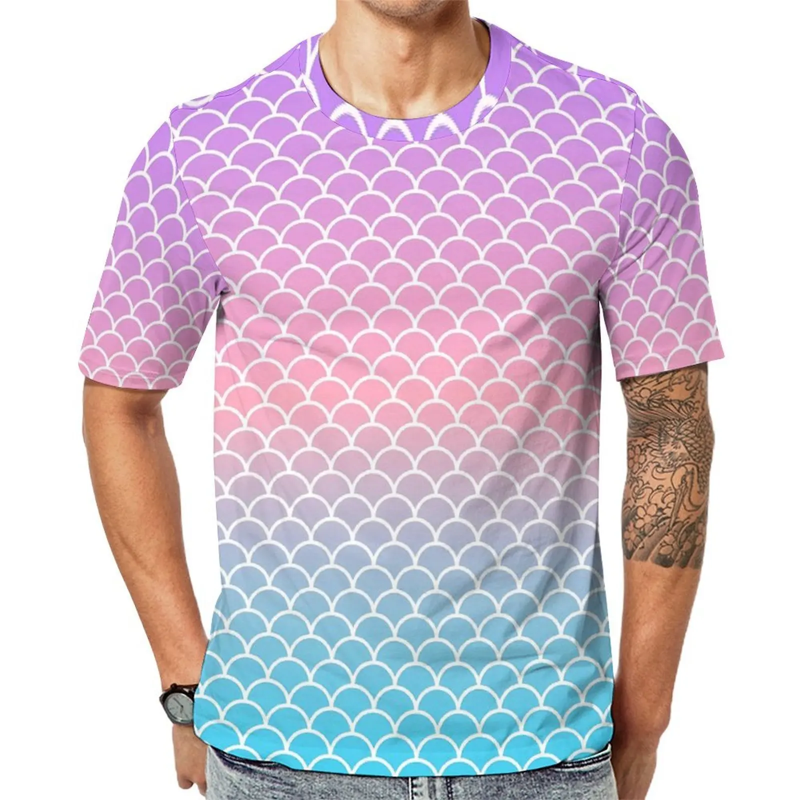 Gradient Mermaids Scale T-Shirt Man Blue Purple Graphic O Neck T Shirts Summer Clothing Short Sleeve Street Style Oversized Tees