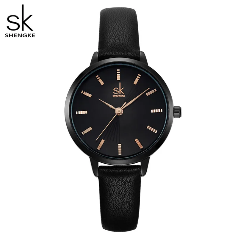 SHENGKE SK Top Luxury Women Watches Black Leather Strap Ladies Quartz Wristwatches Original Design Diamond Womans Clock Dropship