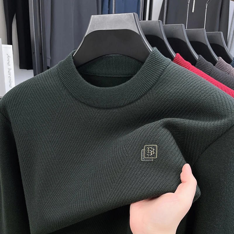 Men's autumn winter high quality fleece-lined long sleeves pullover round neck keep warm knit sweater leisure trend Men clothing
