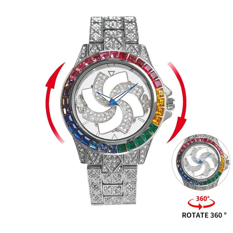 1PC Luxury Men's Silver Ice Watch, Paired With A Hip-Hop Spiral 360 ° Dial And Rainbow Square Diamond Border Embellishment, An - view 2