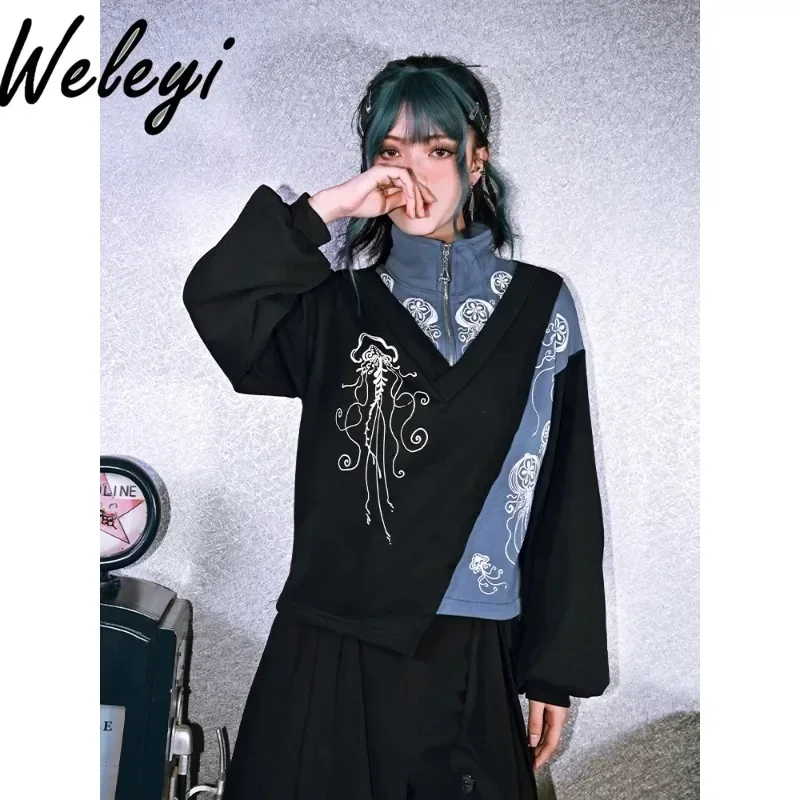 Turtleneck Blue Tears Printed Hoodie Women's Autumn Chinese Style Fake Two-piece Color Matching Blue and Black Sweatshirt Top