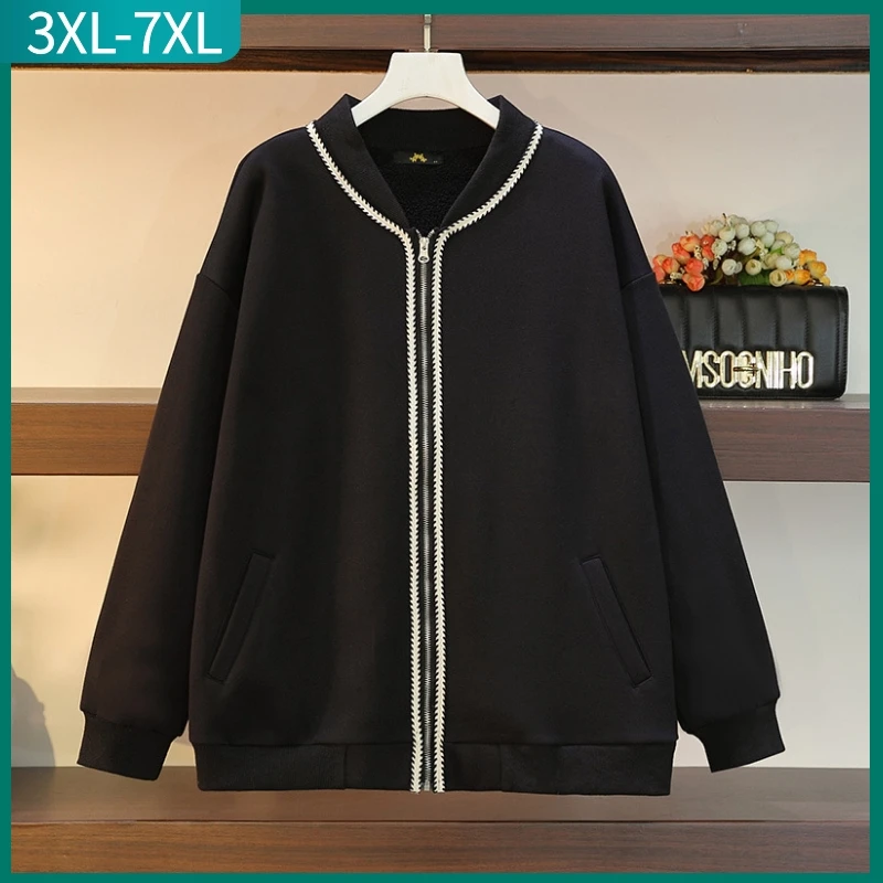

New 2022 Autumn Winter Plus Size Jacket For Women Large Size Loose Long Sleeve Black Velvet Zipper Coat 3XL 4XL 5XL 6XL 7XL