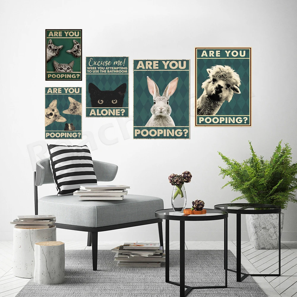 Funny black cat bathroom poster, cat lover gift, funny cute camel, cat, rabbit are you on the toilet retro poster, funny pet,