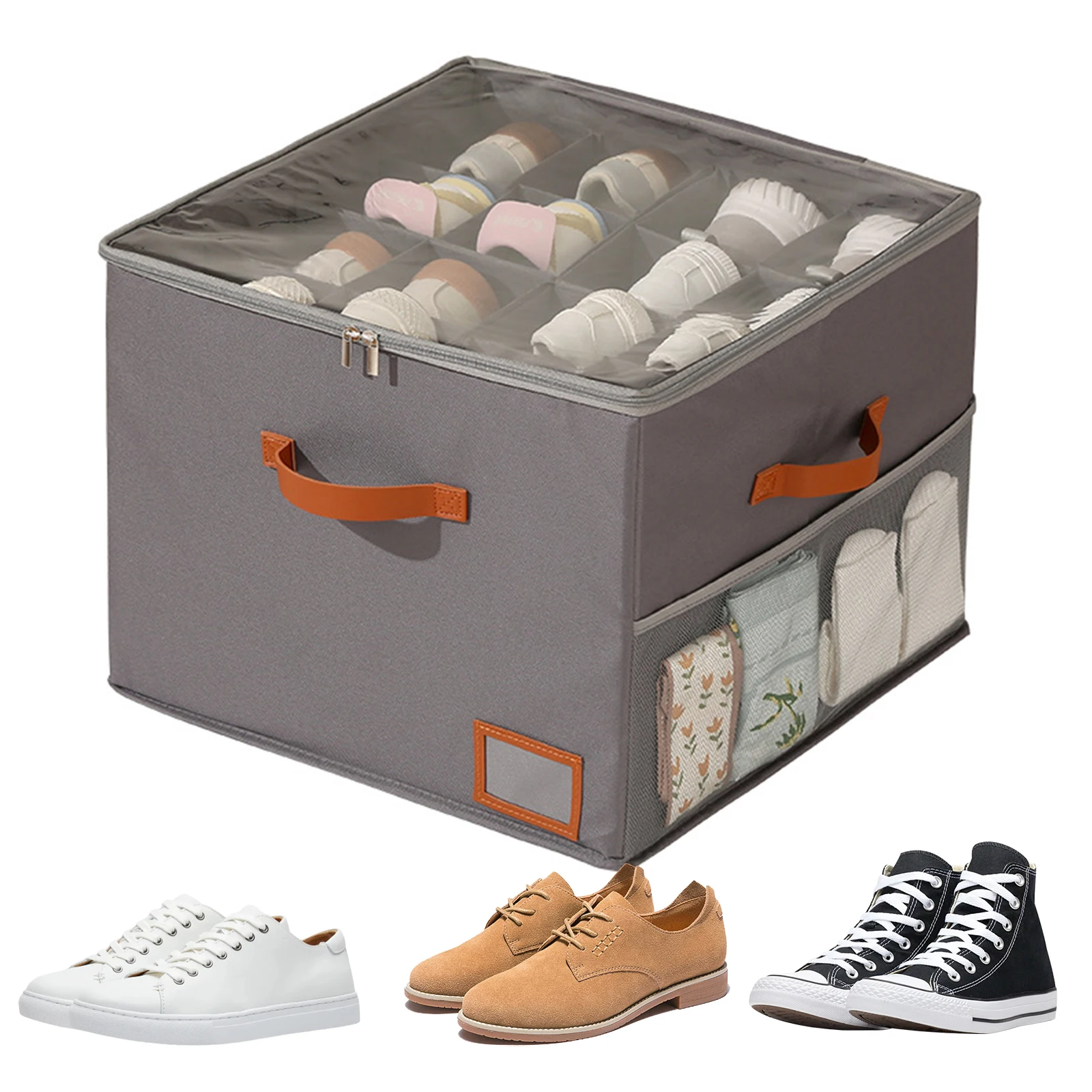 

Shoe Cubby Storage Containers Fits Up To 16 Pairs Shoe Storage Box with Side Mesh Pocket & Clear Cover for Closet & Wardrobe