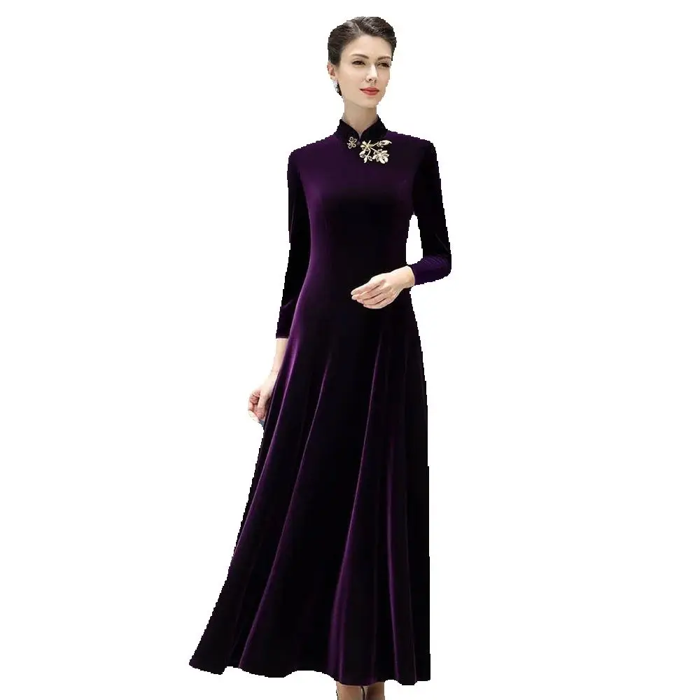 

Spring And Autumn Long-sleeved Gold Velvet Winter Chinese Style Cheongsam Waist Temperament Long Over-the-knee Dress.