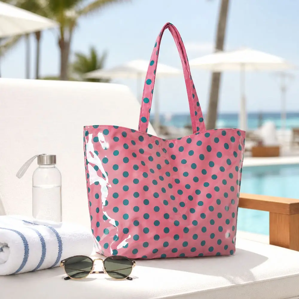 PVC Polka Dot Tote Bag Glossy Finish Waterproof PVC Tote Bag Polka Dot Pattern Top Handles Shoulder Shopping Bag Beach Outings