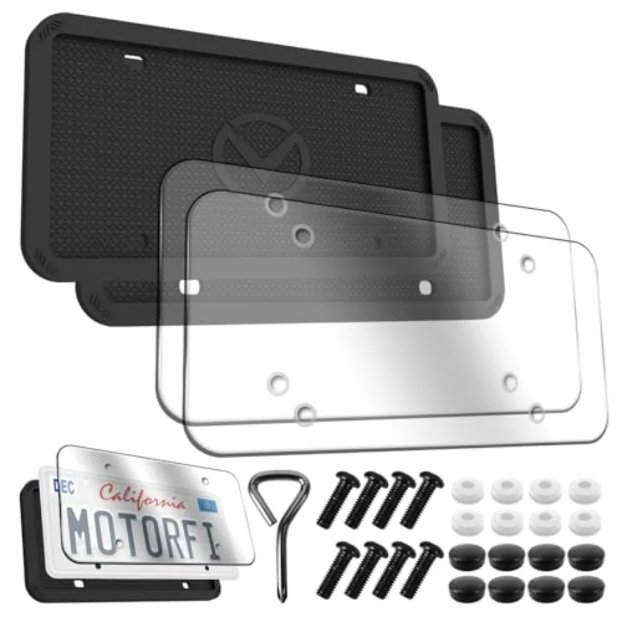 

Black Silicone License Plate Frames 2 Pack with Clear Polycarbonate Covers - Matte Black Heavy Duty Rust-Proof Rattle-Free Lice