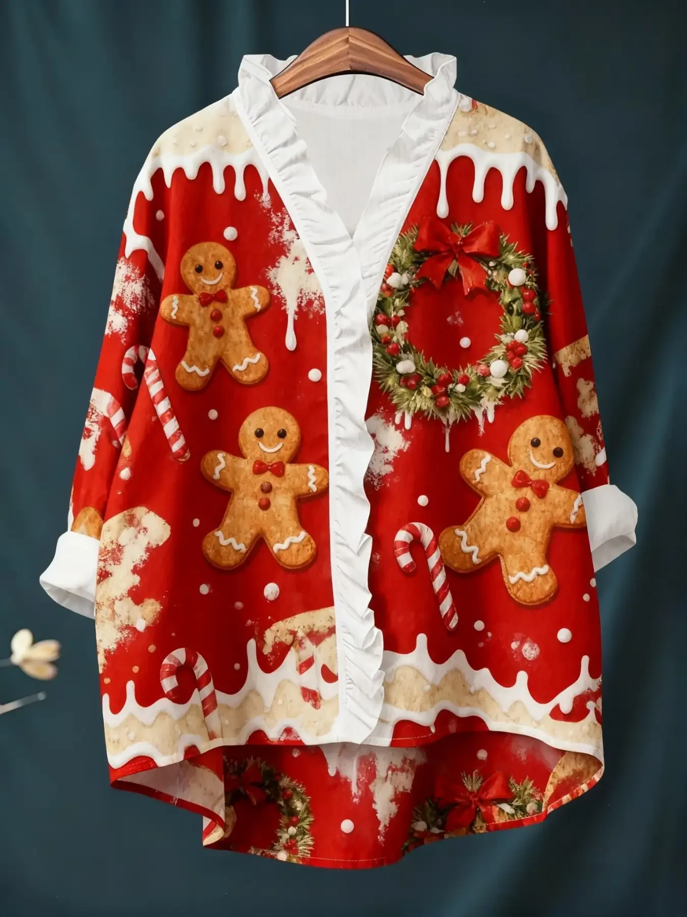 Women's Christmas digital printed long sleeved shirt with ruffled collar,  American style loose button style outerwear