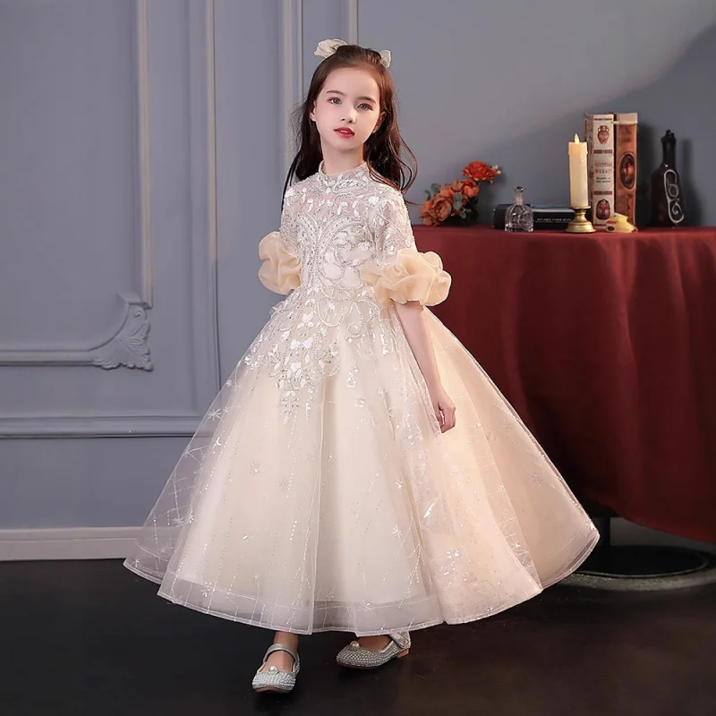 

Вечернее платье для девочек, элегантное детское платье принцессы с цветочным узором для девочек, пышный тюлевой костюм для подиума для маленьких девочек, костюм для фортепиано