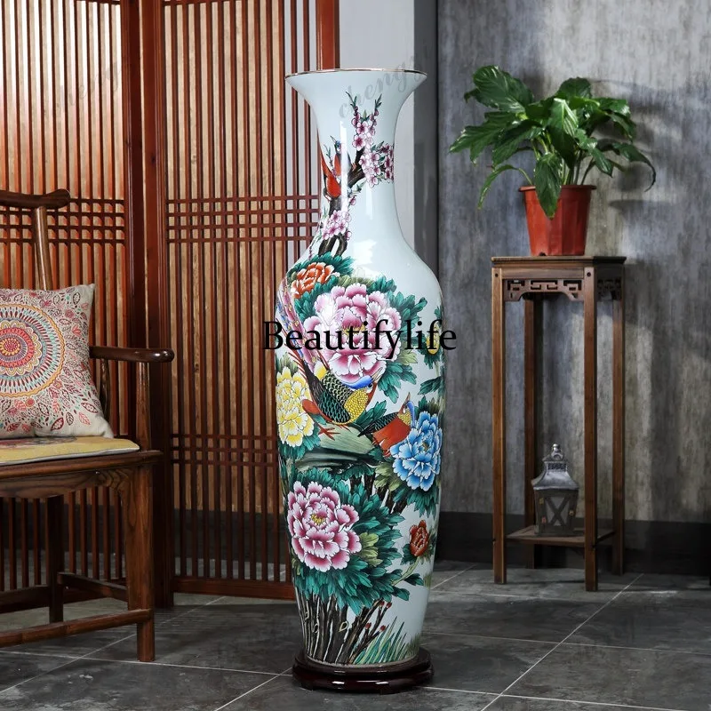 Ceramics hand-painted pastel floor-to-ceiling large vase ornament  flower arrangement extra large opening porcelain vase