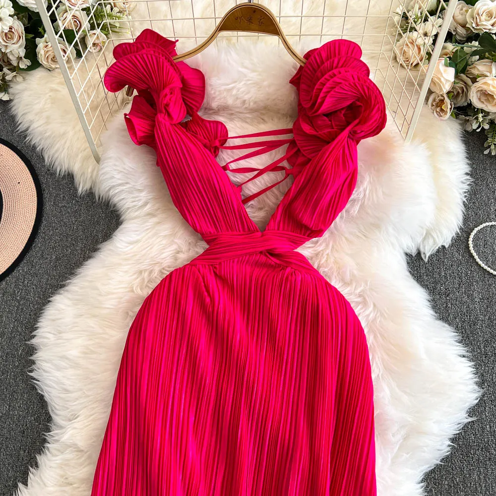 Foamlina First Love Neck V Neck Waist A Word Pleated Dress Women's Summer High Sense Seaside Vacation Bodycon Long Dress