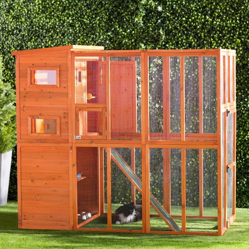 

Factory custom outdoor cat house villa oversized solid wood cage cat nest with running cage waterproof and sun protectio