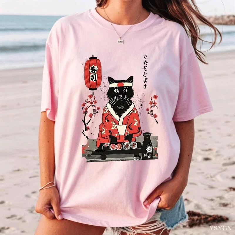 Japanese Sushi Cat Kitten T-shirt Men Women Manga Top Tee Retro Short Sleeve O-neck Cotton Tees Cat Printed Man Clothing Y2k