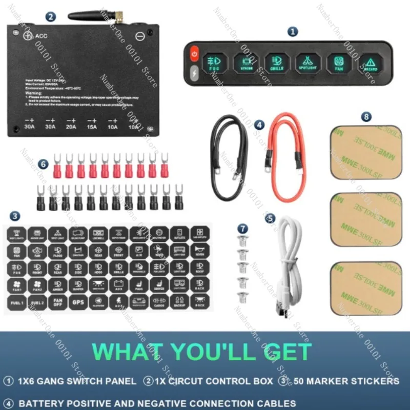 6-Way wireless panel, six-button circuit control relay box, automotive, yacht line modification switch assembly