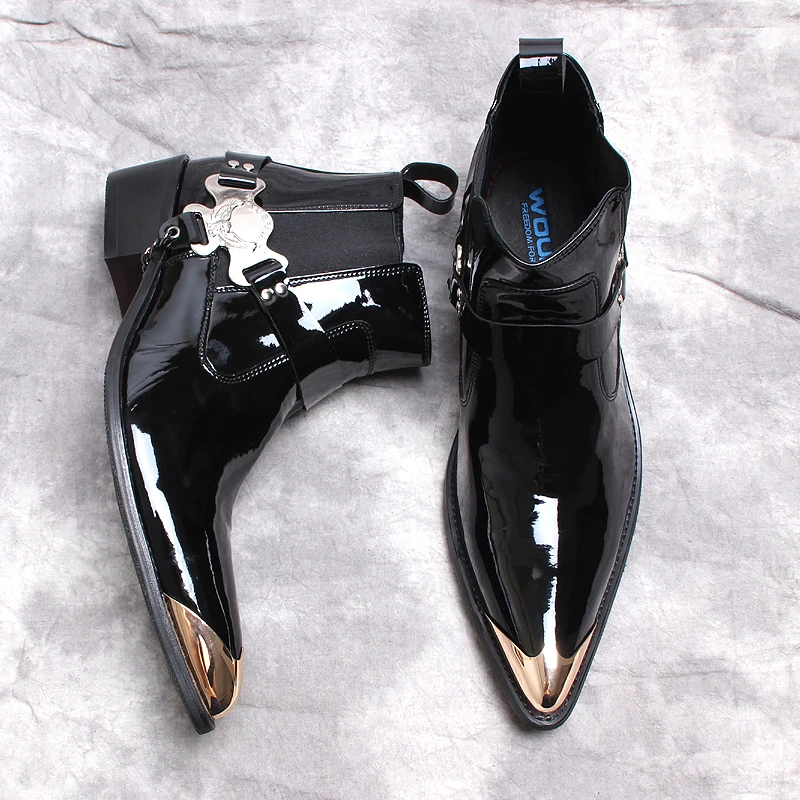 

Punk Style Genuine Leather Men Ankle Boots Iron Black Slip On Men Dress Boots Italian Formal Fashion Men Chelsea Boots Pointy