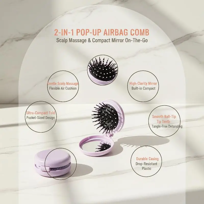 Compact Mini Folding Air Cushion Hair Brush Soft Massage Bristles Built-in Mirror Easy to Carry for Trip Daily Hair Care