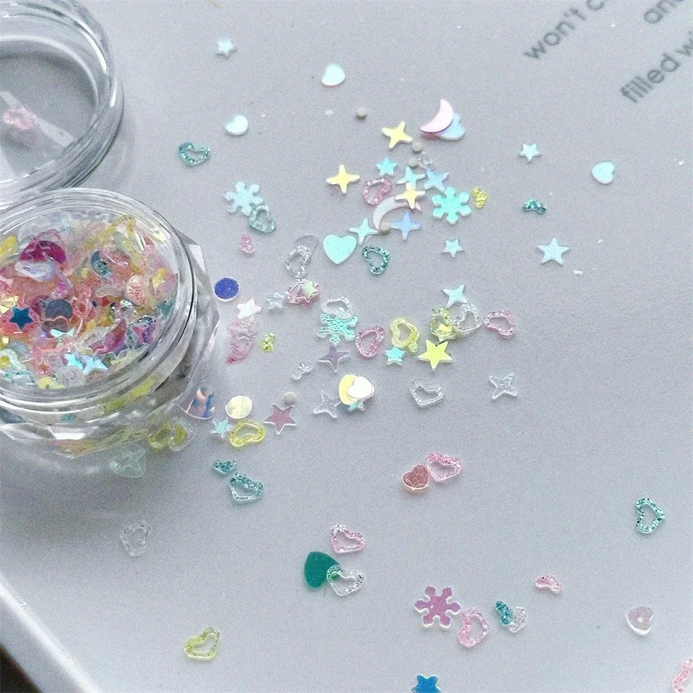 Super glanzende nail art sieraden fijne flits holle perzik hart ster nail art accessoires