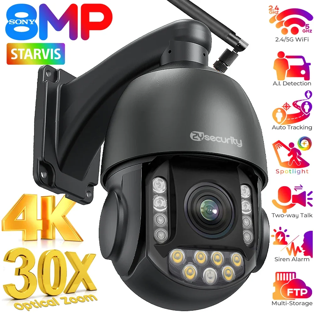 4K 30X Optical Zoom Security Camera WiFi Outdoor 360° View Dome Surveillance Cameras Auto Cruise &Zoom Color Night Vision Camera