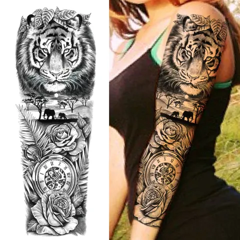 1 Sheets Wolf Lion Tiger Maori Temporary Tattoos For Men Women Adults Full Sleeve Arm Flower Rose Skull Tattoo Sticker Decor