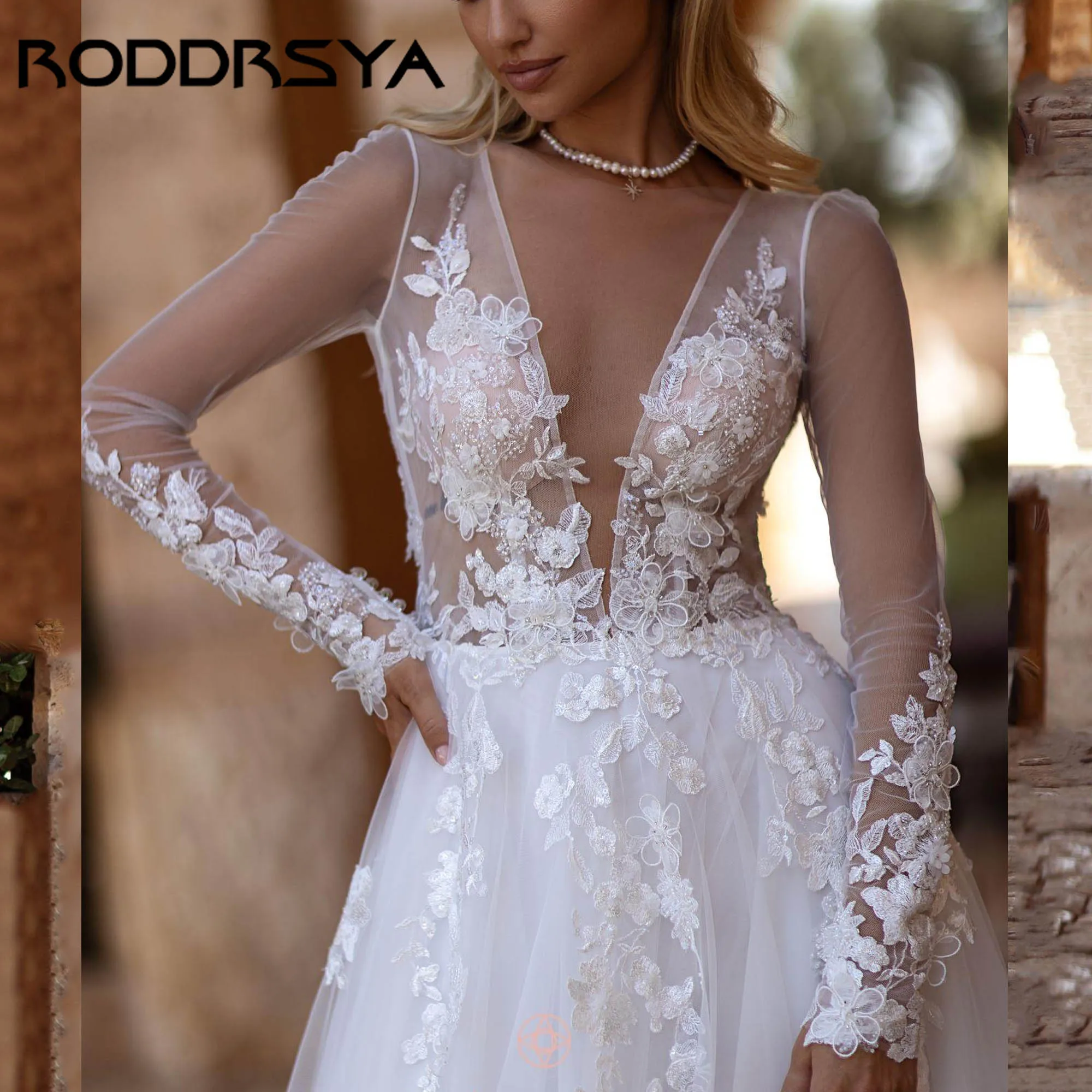 JEHETH Sexy Illusion A-line Abito da sposa Maniche lunghe Scollo a V Tulle Appliques Abiti da sposa Backless abiti da sposa Personalizzato