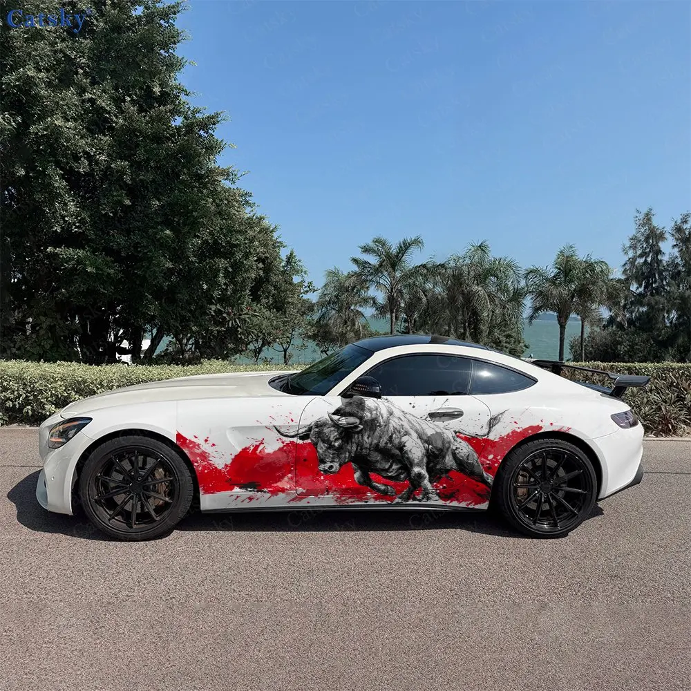 

2pcs Red Ink Splatter Bull Car Side Wraps, Self-Adhesive PVC Waterproof & Scratch-Resistant Stickers, Car Accessory Gift