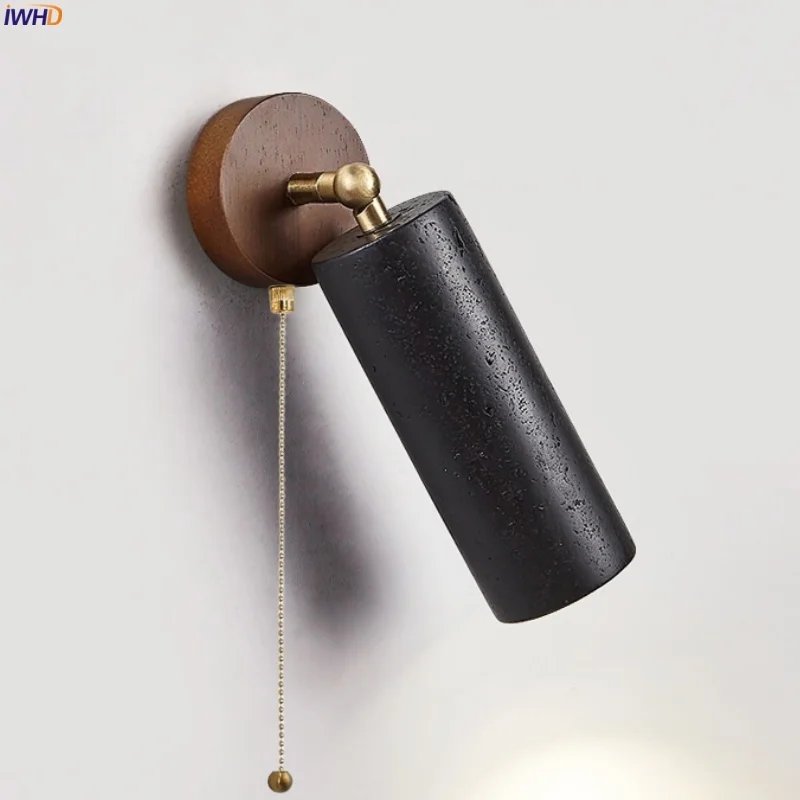 

IWHD 4W Small LED Wall Light Living Room Decor Pull Chain Black Travertine Vintage Small Reading Bedside Lamps Applique Murale