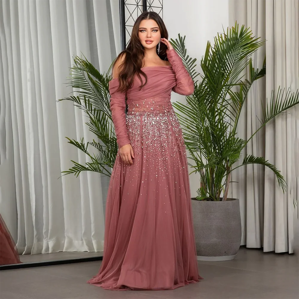 Vestido de noche de cristal de lujo con hombros descubiertos, manga larga, vestido de noche azul real, línea A, tul, largo hasta el suelo, vestidos de graduación personalizados