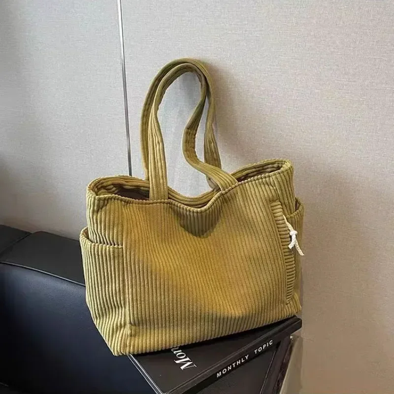 Casual Corduroy Handbag with Zipper Closure Light and Large Capacity Fixed Shoulder Strap Solid Color Daily Commuter Handbag