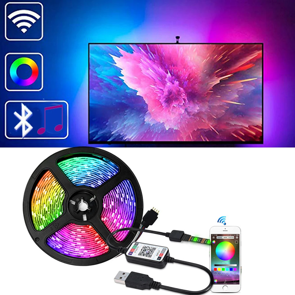 USB RGB LED Strip Light+ Bluetooth Control 5V 5050 30Leds Smart Flexible Tape Waterproof Phone App Control TV Backlight