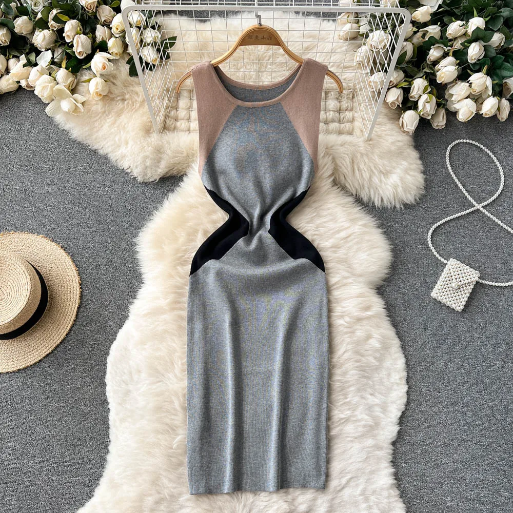 

Chic Sleeveless Bodycone Dress Sexy Korean Fashion Knit Wrap Vestidos Summer Women Basic Casual Elastic Tight Pencil Dress Y2k