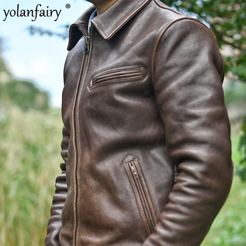 Mens Leather Jacket Men Vintage Jacket Vegetable Tanning 1.6 Thick Heavy-layer Cowhide Genuine Leather Jackets for Men Coats FCY