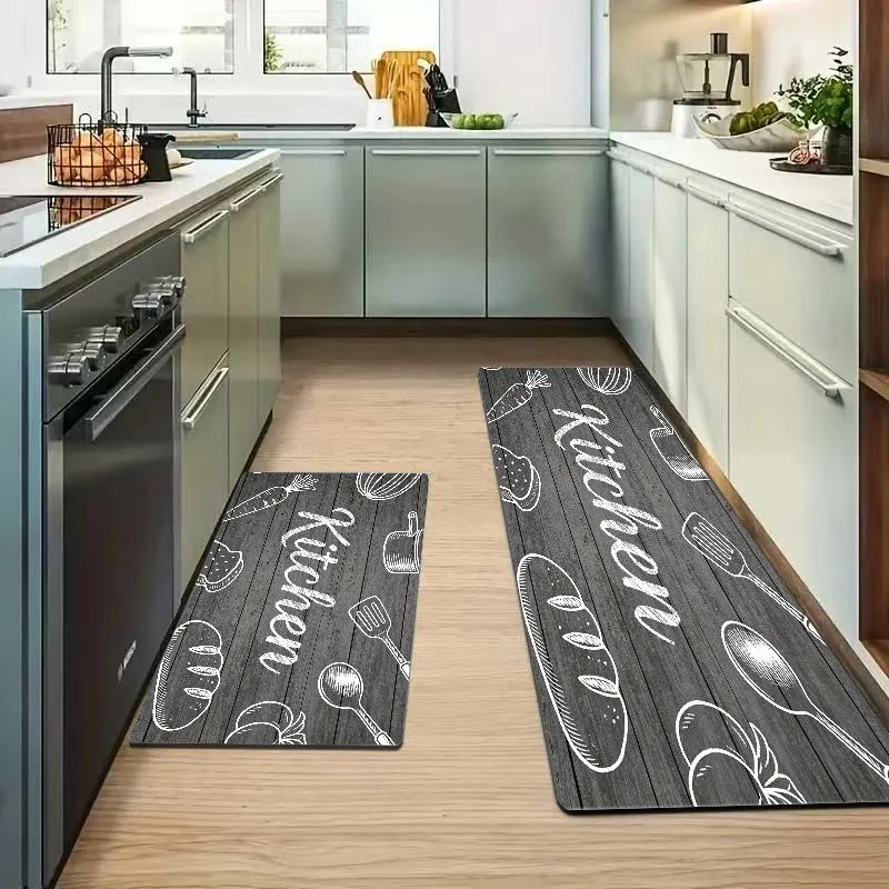 VIKAMA Vintage Dark Wood Letter Sketch Kitchen Runner Mat Set Non Slip Water Oil Proof Kitchen Home Decor