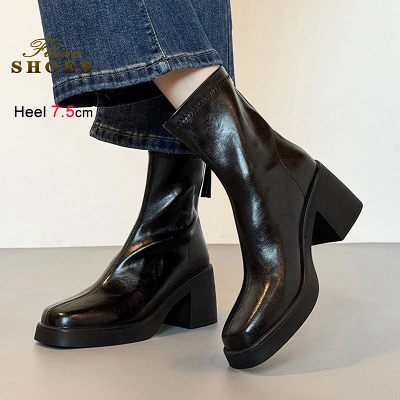 

Square toe Short Ankle Boots Spring Autumn Back Zipper Chunky Heel Women Booties 7.5CM Retro Short Plush Elegant Winter Shoes