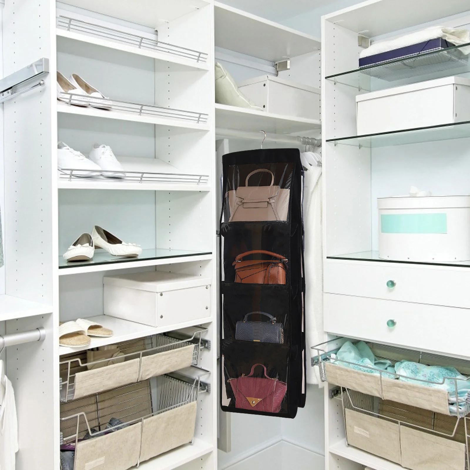 

1Pcs Hanging Handbag Organizer Clear Pocket Purse Organizer Durable Non-Woven Fabric PVC 8 Compartments Closet Storage Holder