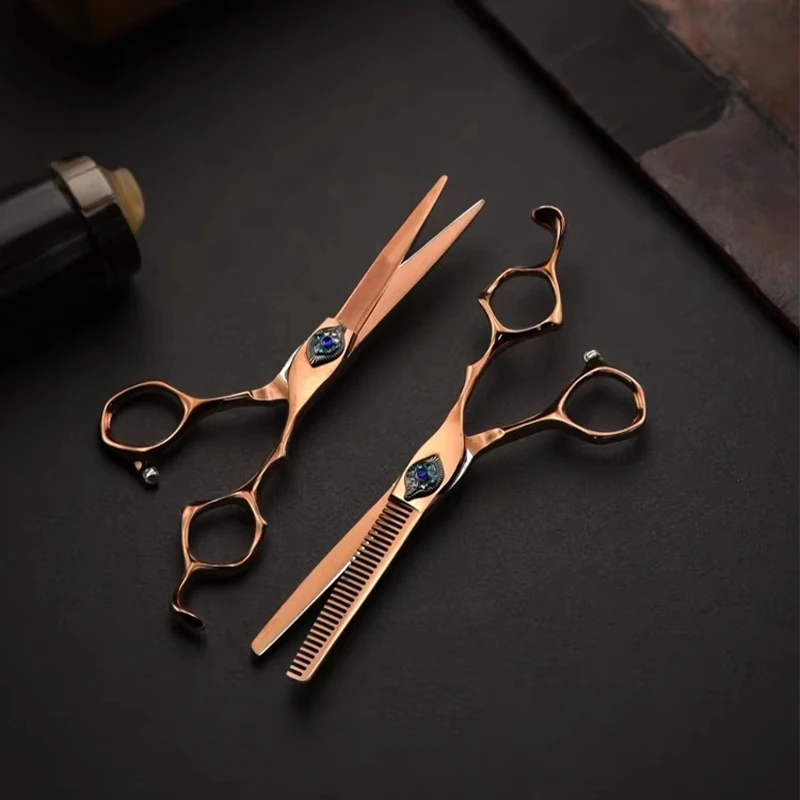 

6.0 Inch Hairdressing Scissors Bronze Gold Barber Scissors Professional Hair Cutting Thinning Shears Feather Gem Salon Scissors