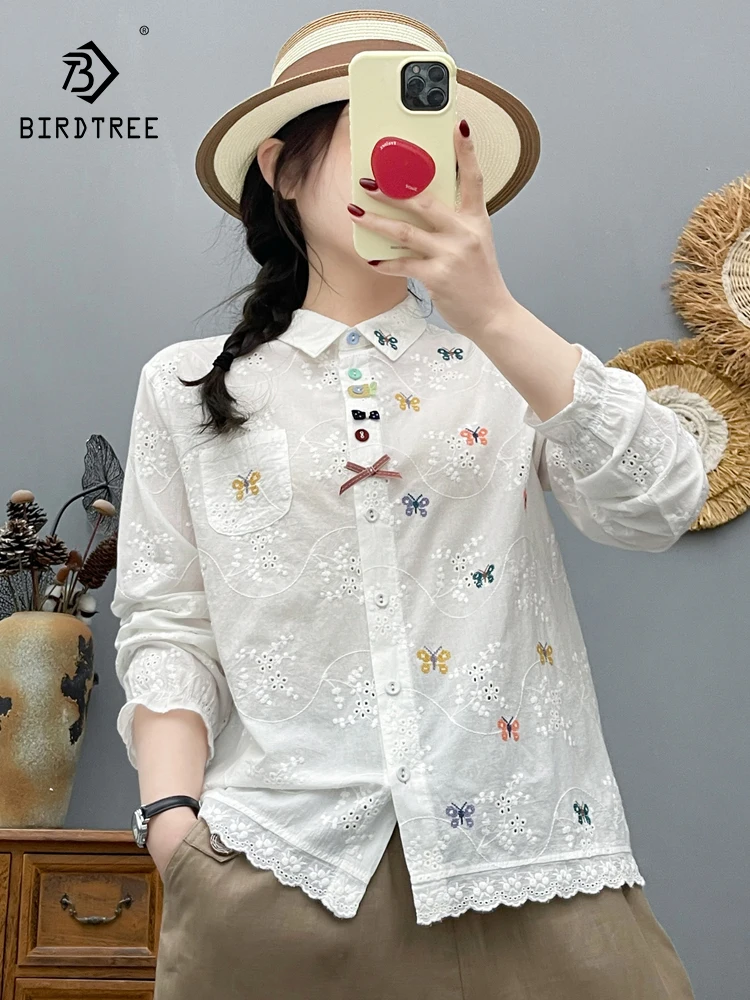 

New 2026 Spring Women Cotton Long Sleeve Shirt, Turn-down Collar Embroidery, Mori Girl Sweet Bow Casual Loose Blouse T61784CC