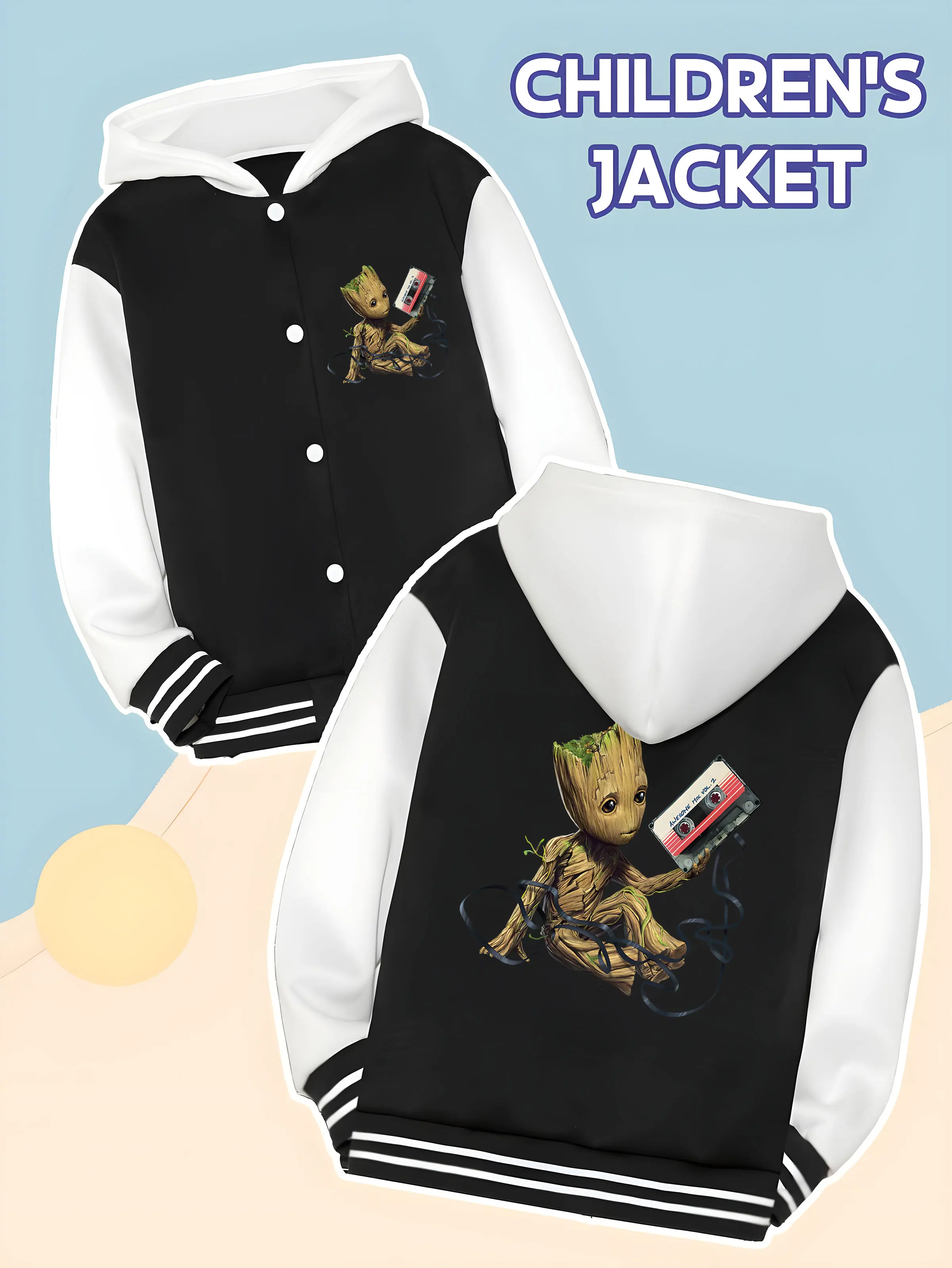 

MINISO Marvel Groot Fun Boys Baseball Jacket - Groot holding a tape, double-sided printing is super cute, soft fabric keeps warm