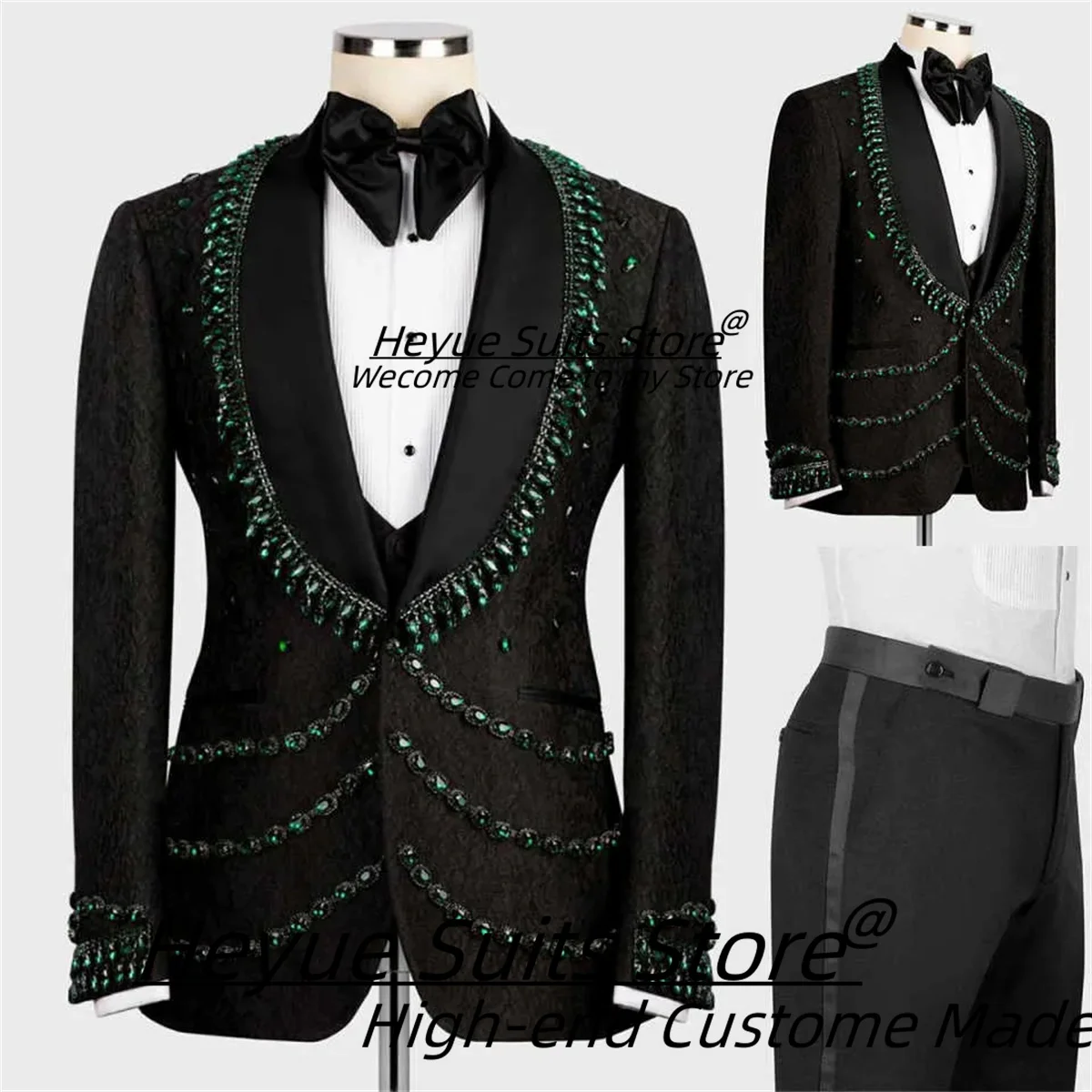 

Luxuly Shiny Crystal Groom Wedding Tuxedos Customized Slim Fit Shawl Lapel Gorgeous Men Suits 3 Pieces Sets Male Prom Blazers