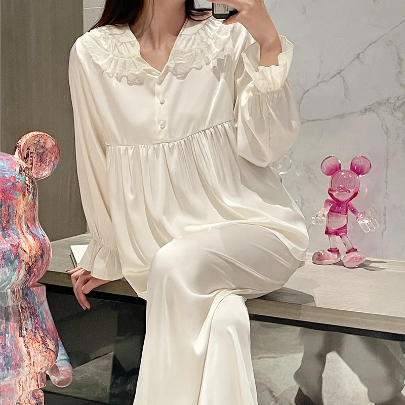 Sweet Cute Sleepwear Pijamas Suit Spring Autumn Women Pajamas Two Piece Set White Long Sleeve Trouser Suit Loose Home Wear