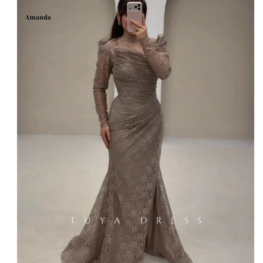 

Amanda Customized Taupe High Neck Prom Dress With Puff Long Lace Sleeves Ruched Mermaid Silhouette vestidos de noche Gown 2026