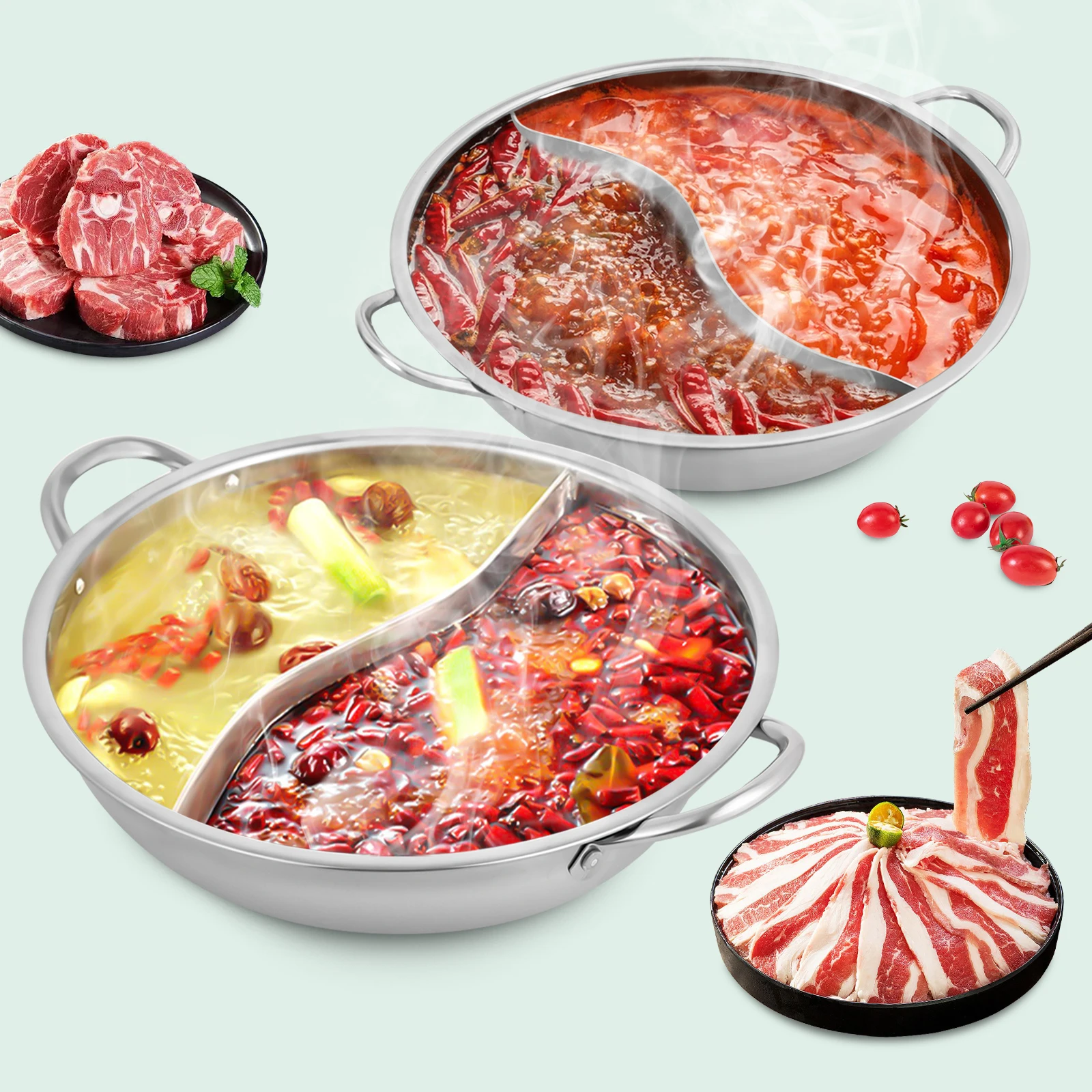 28/34 cm Edelstahl-Hot Pot mit Trennwand, Shabu-Topf mit Glasdeckel, Hot Pot-Set, geeignet für Induktionsöfen, Gasherde – Detail 3