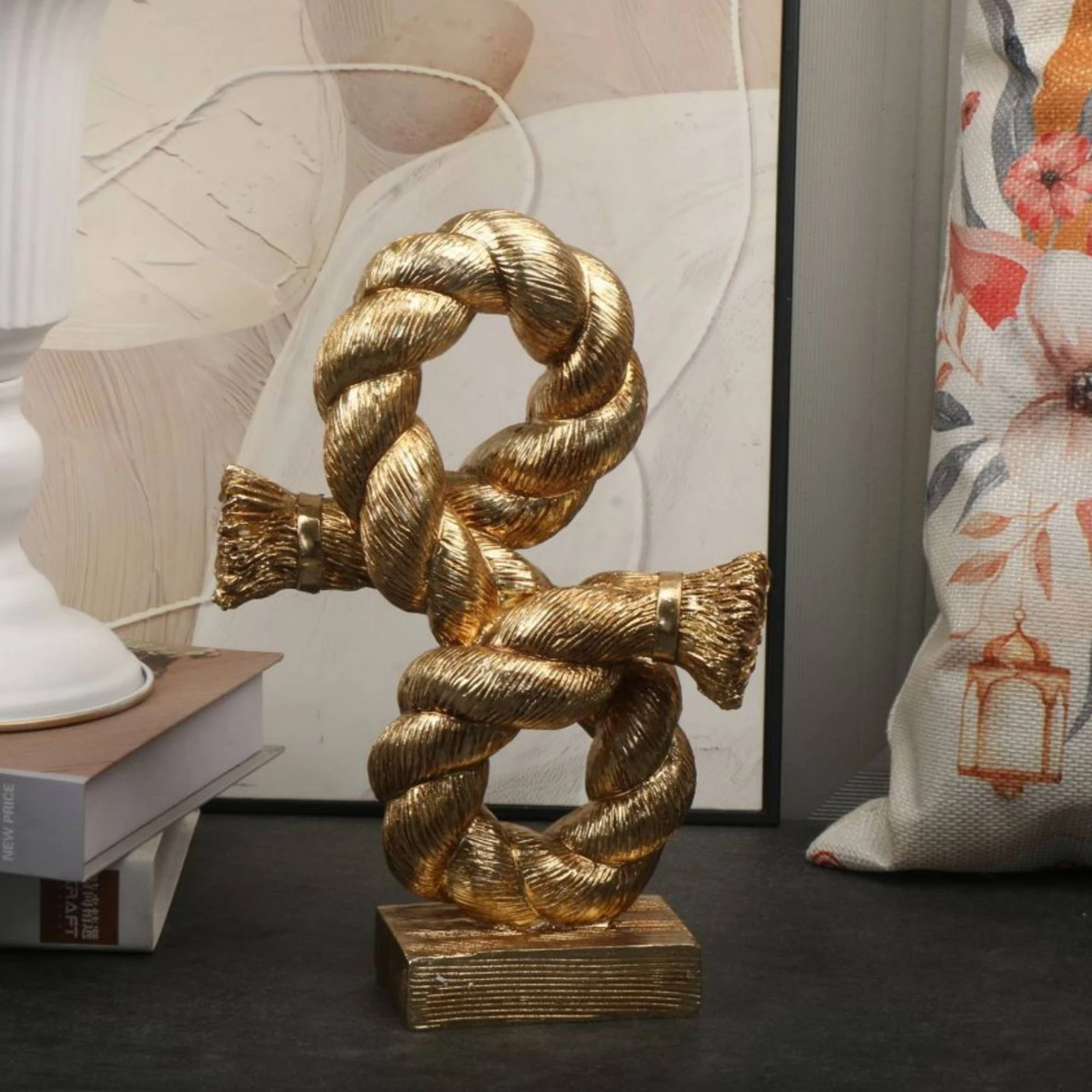Knot Sculpture Gold Sculpture with Base Statue Modern Decor Abstract for Bookshelf, Living Room