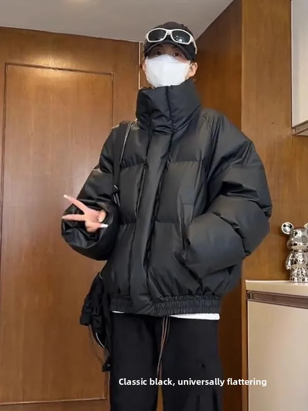 

Bla Thiened Winter down Cotton Jaet Men's Sle PU Leather Biker Coat Warm Youth Trendy Stand Fit Long Sve Zipper