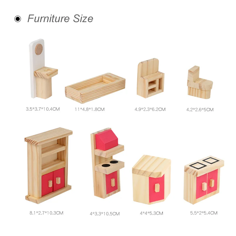 Wooden Miniature Dollhouse Furniture Accessories Kit Pretend Play Living Room Bedroom Dining Kitchen Bathroom Imitation Game