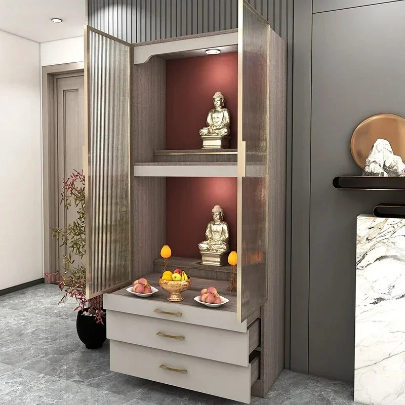 Offering table Buddha cabinet Living room Buddha niche New Chinese vertical cabinet with door Solid wood shrine