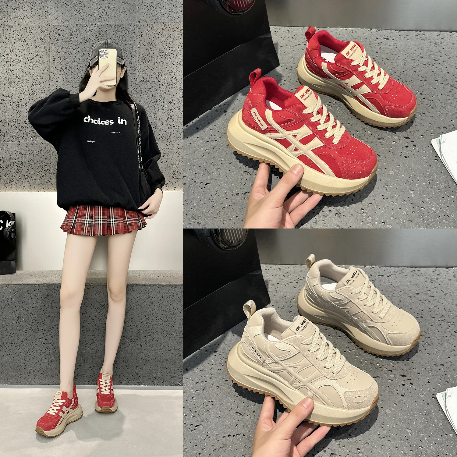 

7cm Student Sports Running Shoes Zapatillas De Mujer Red Thick Soled Height Increasing Comfortable Woman Shoes Female Sneakers