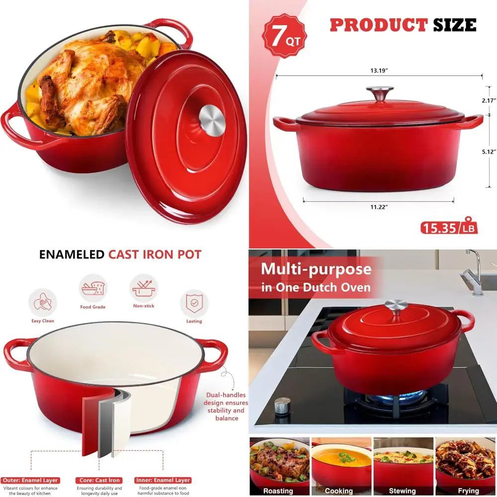 

Эмалированная чугунная голландская кастрюля с антипригарным покрытием для выпечки хлеба, тушения, тушения, жарки - безопасная в духовке, посуда большой вместимости w